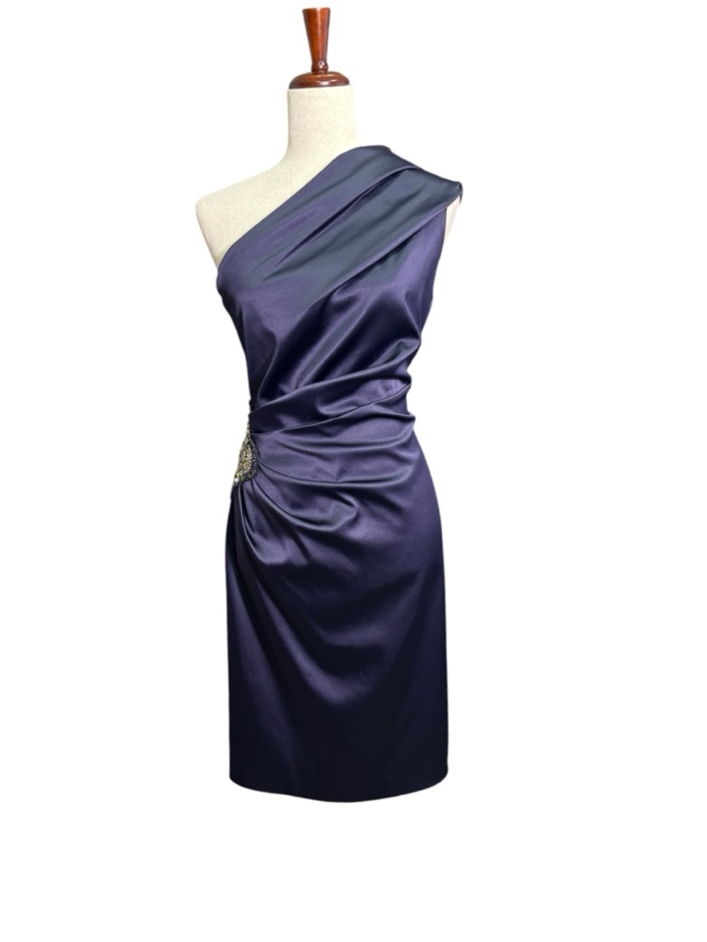 Eliza J One Shoulder Cocktail Dress V Purple Navy Beaded Brooch Formal Size 8